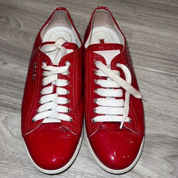 RED PATENT LEATHER PRADA TENNIS SHOES - Picture 1 of 5
